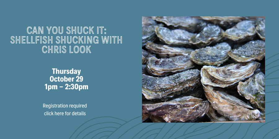 Can You Shuck It: Shellfish Shucking with Chris Look Thursday, October 29 1:00—2:30 PM. Registration required, click here for details.