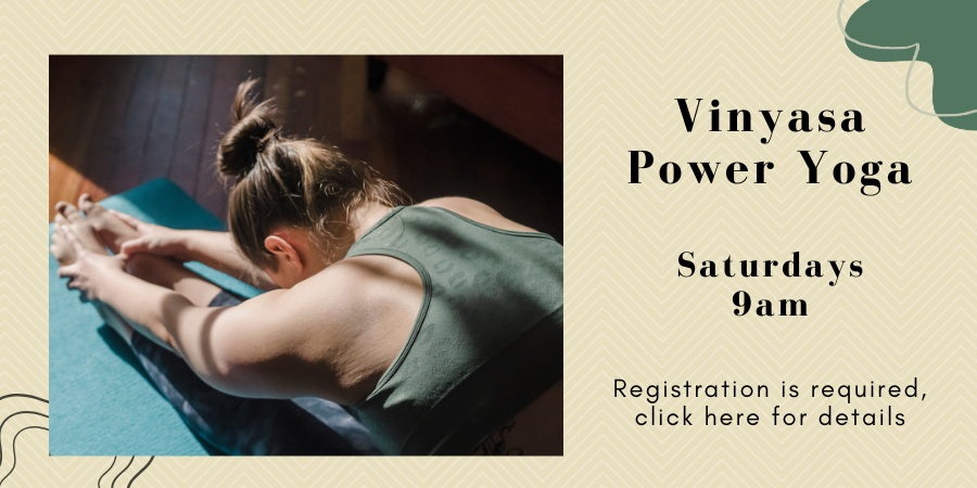 Vinyasa Power Yoga (all levels) SATURDAYs, at 9am. Registration required, click here for details.